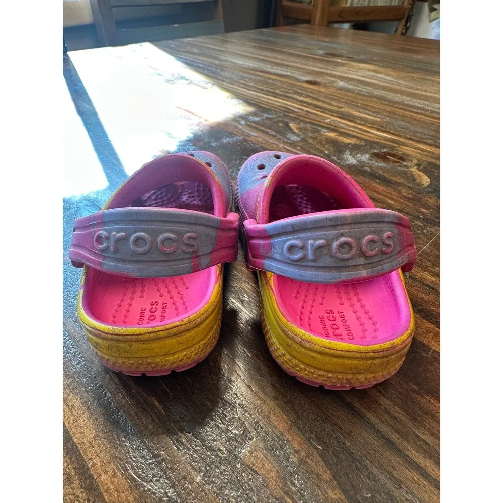 Crocs Kids Classic Clogs Pink‎ Yellow Spray Dye Marble Slip On Shoes Size C5